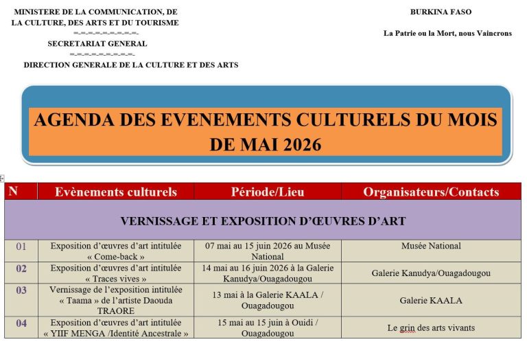 DGCA – AGENDA DES ACTIVITÉS CULTURELLES PRÉVUES POUR LE MOIS DE MAI 2026