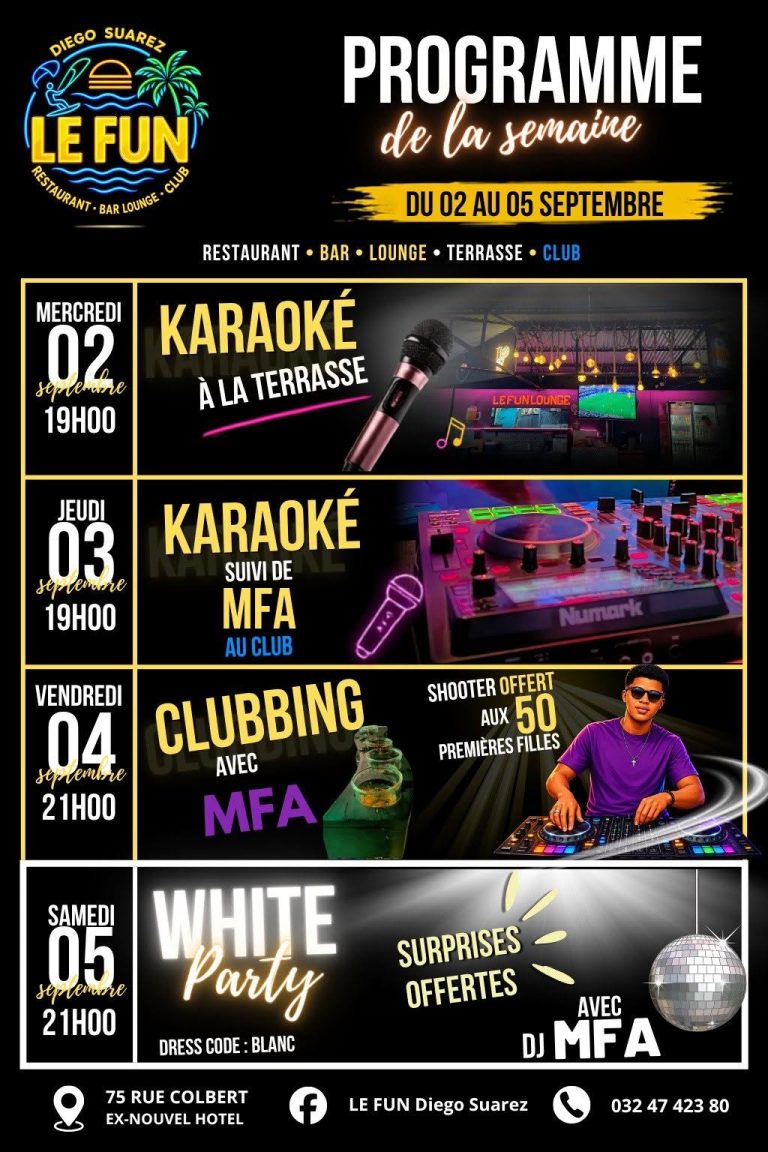 LE FUN DIEGO SUAREZ : PROGRAMME DE LA SEMAINE DU 2 AU 5 SEPTEMBRE 2026